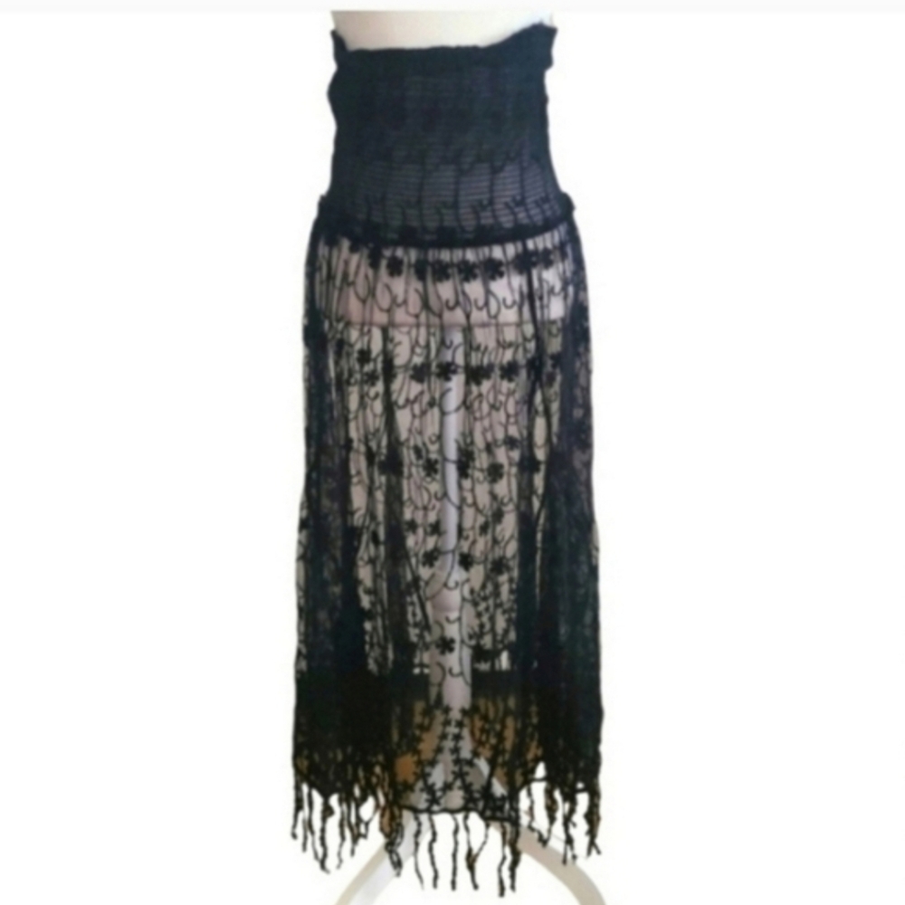 Free People Black Mesh Floral Maxi Skirt